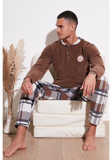 Buratti Regular Fit Bisiklet Yaka Kışlık Yumuşak Dokulu Polar Erkek Pijama Takımı 6096100 Camel