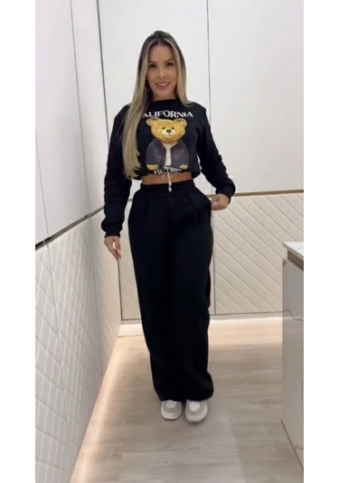 S-pazarım Kadın Uzun Kollu Bisiklet Yaka Desenli Iki Iplik Şardonlu Bluz Ve Pantolon Ikili Takım Siyah