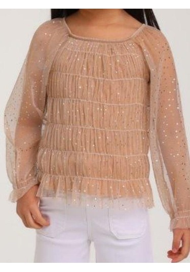 Kız Çocuk Parlak Tül Şık Bluz-14307 Vizon