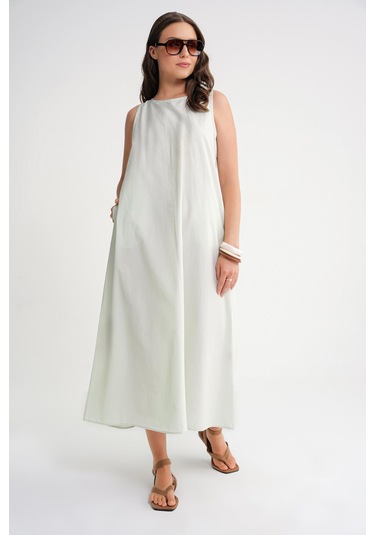 4690 Kadın Bisiklet Yaka Sıfır Kol Midi Paraşüt Elbise Adaçayı Adaçayı