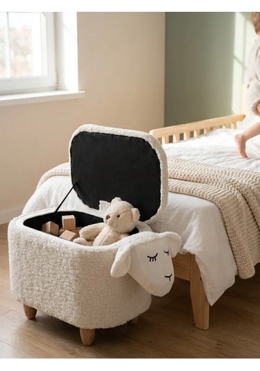 Kuzu Figürlü Sandıklı Puf Modelleri Teddy Puf Krem
