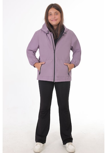Kız Çocuk Mürdüm İçi Astarlı Su Ve Rüzgar Geçirmez Kapüşonlu Çift Fermuarlı Cepli Yağmurluk Mürdüm