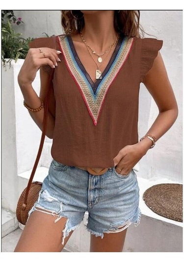 Yaz V Yaka Dantel Kelebek Kollu Kadın Bluz Zarif Rahat Kadın Beyaz Gömlek Moda Zarif Kolsuz Blusas Tops 25803 Orion Çok Renkli