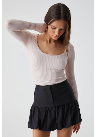 GRIMELANGE Youpes Kadın Regular Fit Fermuarlı Yüksek Bel Astarlı Kısa Siyah Etek Siyah