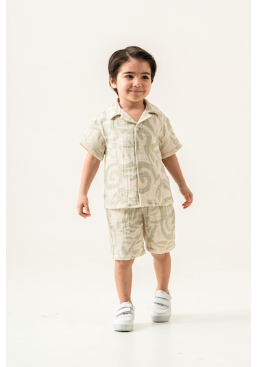 2'li Erkek Çocuk Yeşil Desenli Keten Şortlu Takım-1183 Yeşil