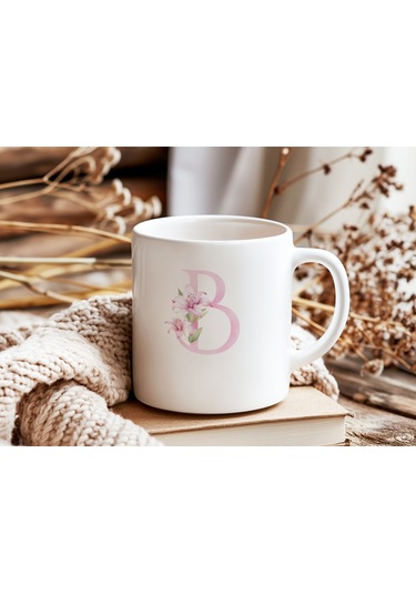 B Harfi Pembe Çiçek Desenli Kupa Bardak - Zarif Pembe Çiçek Tasarım Kahve Çay Kupası - Hediye Beyaz