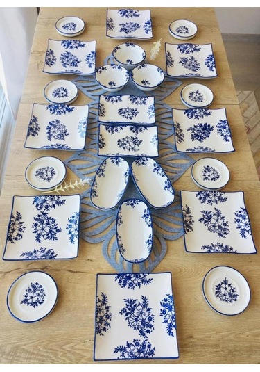 Jasmine Pattern 8 Kişilik 24 Parça Tea Plate Kahvaltı Takımı Mavi