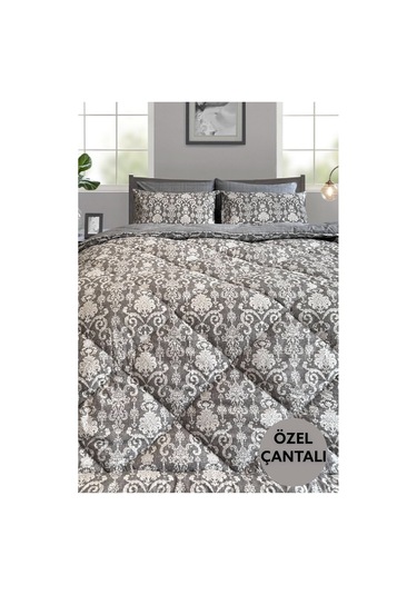 Lux Uyku Seti-tek Kişilik-lastikli Çarşaflı 2yastık Kılıflı-özel Çantada Modern Damask Gri