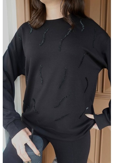 Cemo Günlük Uzun Kollu Bisiklet Yaka Basic Bluz/sweatshirt Siyah