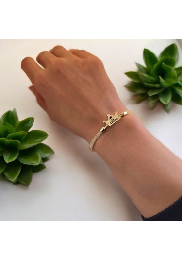 Archin Atatürk Temalı Taç Figürlü 14 Ayar Altın Plakalı Hasır Kordonlu Hediye Bileklik-464sembol Atatürk Sembolü