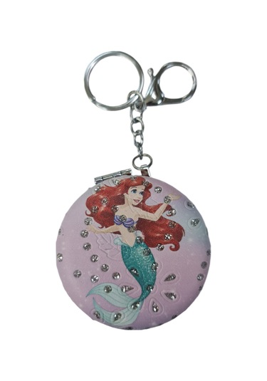 Gigi Panda Anahtarlıklı Taşlı Deniz Kızı Desenli Katlanır Makyaj Aynası Pembe