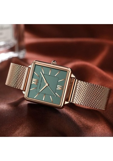 Novahub Beyaz Hannah Martin Kadın Kuvars Saat, Yeşil Kadran, Kare Vaka, Moda Kol Saati, Gül Altın Detaylar Beyaz