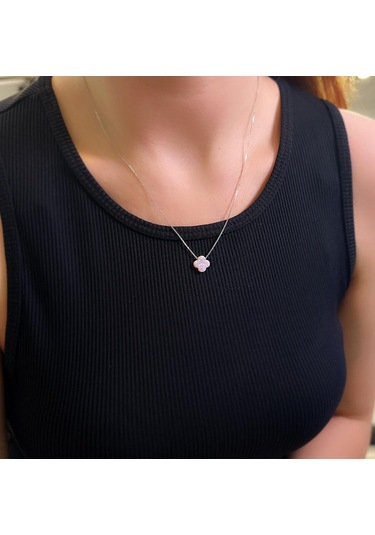 Stela Opal Yonca Gümüş Kolye Pembe