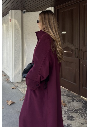 Bordo Vittoria Düğmeli Yaka Kaban - 2511 Bordo