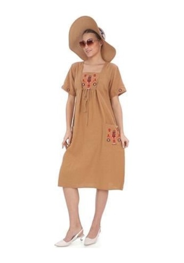 Yarım Kol Yuvarlak Yaka İşlemeli Keten Elbise-9166 Camel