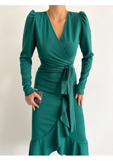 Kadın Yeşil Krep Kumaş Midi Boy Kuşaklı Uzunkol Elbise Yeşil