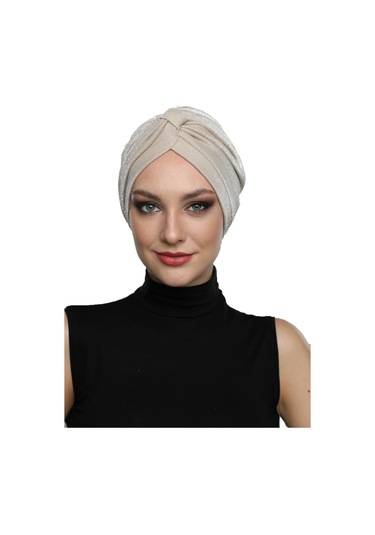 Simli Pike Çapraz Bantlı Astarlı Bej Hazır Türban Tesettür Bone Abiye