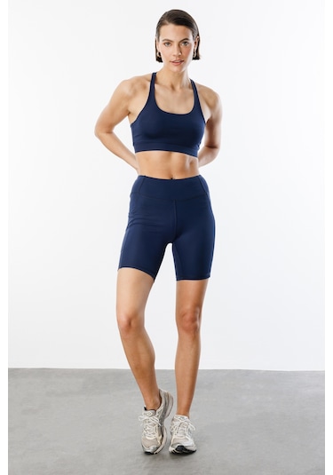 Yüksek Bel Toparlayıcı Çift Cepli Biker Şort Kısa Spor Tayt Kısa-tayt Lacivert