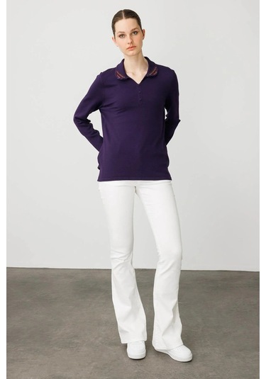 Desen Triko Polo Yaka Likralı Kadın Bluz 25091 Mor