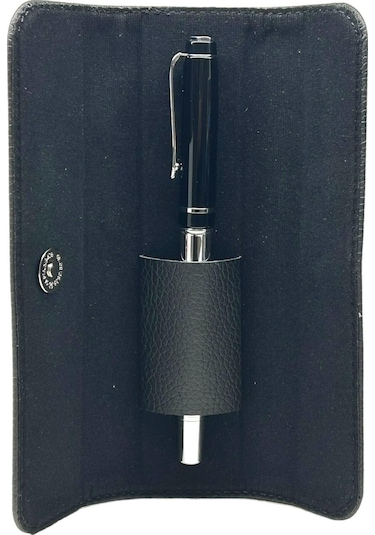 Siyah Gümüş Deri Kılıflı Tükenmez Roller İmze Kalemi 1209gm
