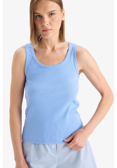 Defacto Regular Fit Yuvarlak Yaka Kolsuz Ribana Pijama Üstü-fall İn Love F0110ax25smbe747 Mavi