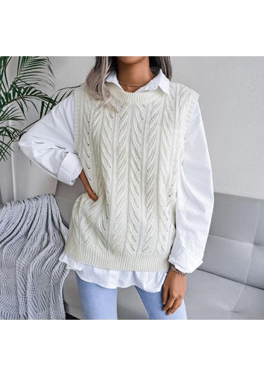 Kadın Sonbahar Kış Bisiklet Yaka Kesim Düz Renk Kolsuz Yaprak Örgü Tank Kazak Sl Haki