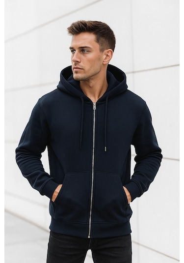 Rich Erkek Lacivert Kapüşonlu Kanguru Cepli Fermuarlı Sweatshirt Lacivert