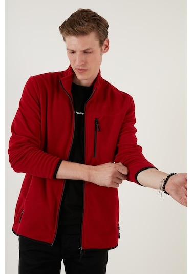 Buratti Slim Fit Fermuarlı Cepli Dik Yaka Polar Erkek Hırka 5906028 Bordo