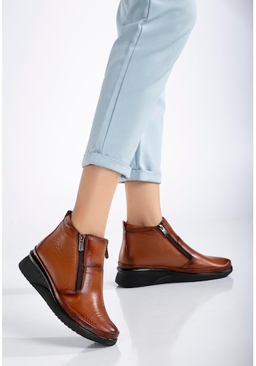 Hakiki Deri Ortopedik Kadın Bot Taba 2 Fermuarlı Dolgu Tabanlı-3296 Taba