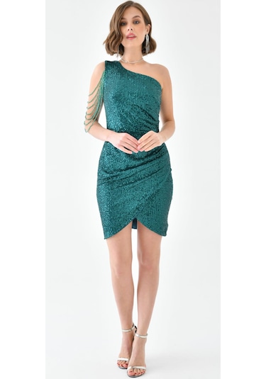 Hanife Glam Couture Hanife Glam Tek Omuz Taş Tasarımlı Mini Pulpayet Elbise Zümrüt