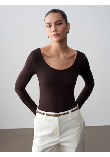 Dilvin 32776 Oval Yaka Bodysuit-koyu Kahve