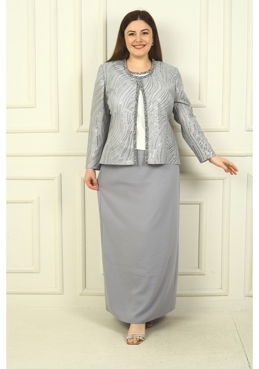 Kadın Pulpayet Ceket Yarım Ay Kollu Bluz Astarlı Krep Uzun Etek Büyük Beden 3'lü Takım Gri Kadın Pulpayet Ceket Yarım Ay Kollu Bluz Astarlı Krep Uzun Etek Büyük Beden 3'lü Takım Gri