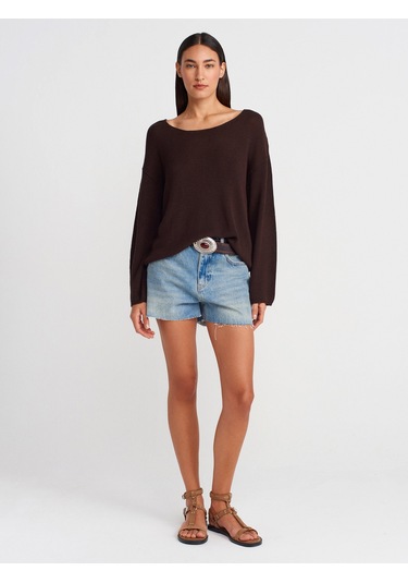 Dilvin 10706 Oval Yaka Yumuşak Dokulu Triko Kazak-koyu Kahve Koyu Kahve