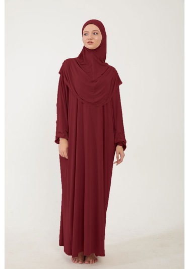Kadın Tesettür Pamuklu Başörtülü Namaz Elbisesi Dantelli Tek Parça Penye Kumaş Bordo