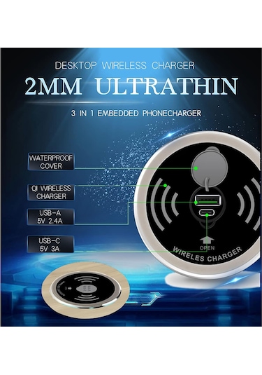 Hombey 15w Masaüstü Gömülü Kablosuz Şarj Cihazı - Usb-a/usb-c Hızlı Şarj, Qi Desteği, Siyah