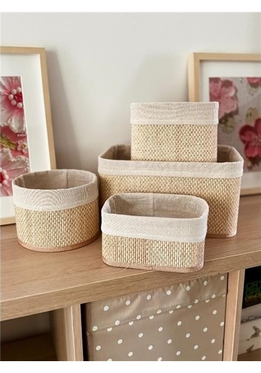 Akayev Beige Hasır 4lü Sepet Beyaz