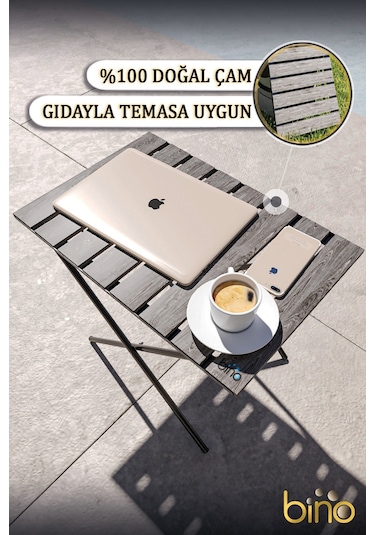 Bino Katlanır Yükseklik Ayarlı Ahşap Kamp Masası Piknik - Balkon - Mutfak Masası Siyah