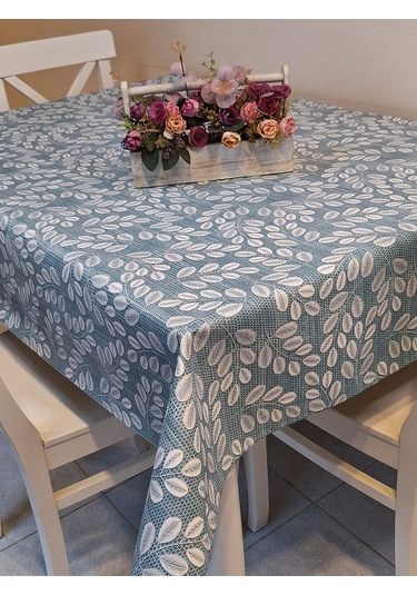 Elyaflı Pvc Muşamba - Desenli Silinebilir Masa Örtüsü Krem Fnt1248 Mavi