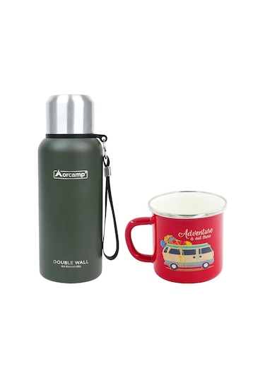 Orcamp Çelik Termos 0.50 Lt Yeşil Out-5000+emaye Karavan 180 Ml Kupa Out-1900 Kırmızı Orc-066-b-k3 Yeşil