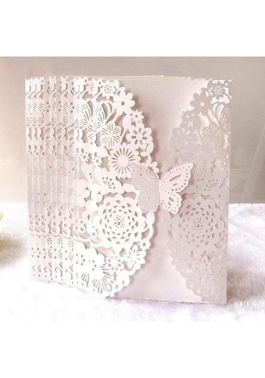 Beyaz 10 Adet Narin Oyma Davetiye Romantik Kelebek Kağıt Kartı Lazer Kesim Düğün Davetiyesi Kartı