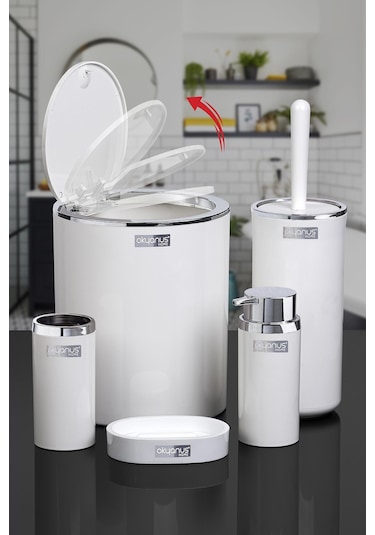 Okyanus Home Beyaz Yuvarlak Krom 5'Li Banyo Seti