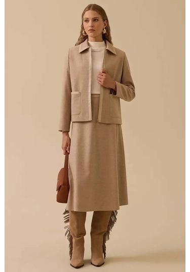 Kadın Suni Deri Biyeli Midi Etek - Bej Vizon