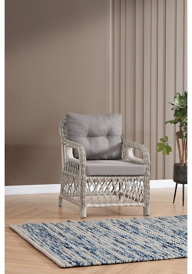 Edra Rattan Puflu Bahçe Balkon Takımı 3+1+1+camı Masa Kemik Rengi Kemik