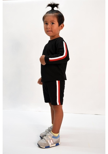 Luess Erkek Çocuk Şerit Detaylı Siyah Alt - Üst Takım Siyah