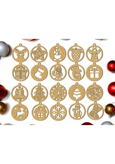 20 Parça Ahşap Yılbaşı Ağacı Süs Seti Ortalama 6-8 Cm Noel Ağacı Süsü