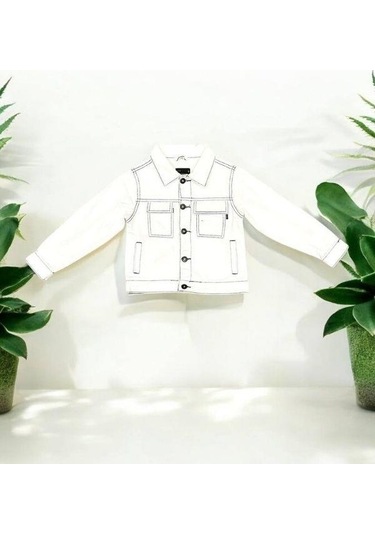 Kız Çocuk Beyaz Cep Detaylı Kot Ceket-15258 Beyaz