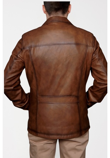 Derije Gomez Hakiki Deri Erkek Taba Punto Dikiş Detaylı Ceket-Mont