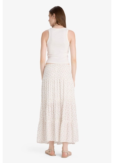 Defacto Floral Yüksek Bel Pamuk Astarlı Maxi Etek F9460ax25hswt32 Beyaz