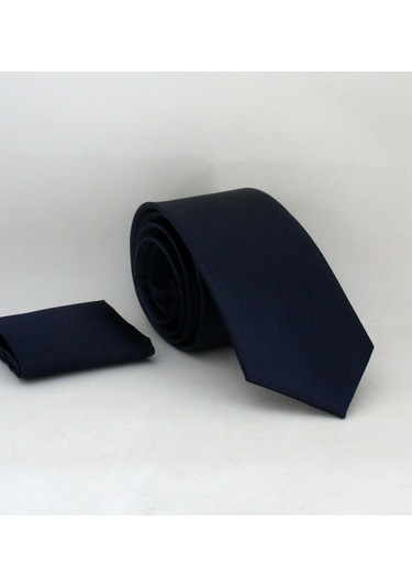 Lacivert Slim Fit Düz Renk Mendilli Saten Kravat - SS-24 Lacivert