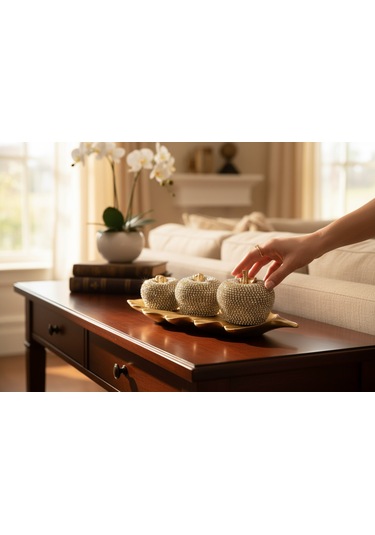 Frefly Store 3'lü Altın Renk Ve Taş Süslemeli Armut Biblo Seti